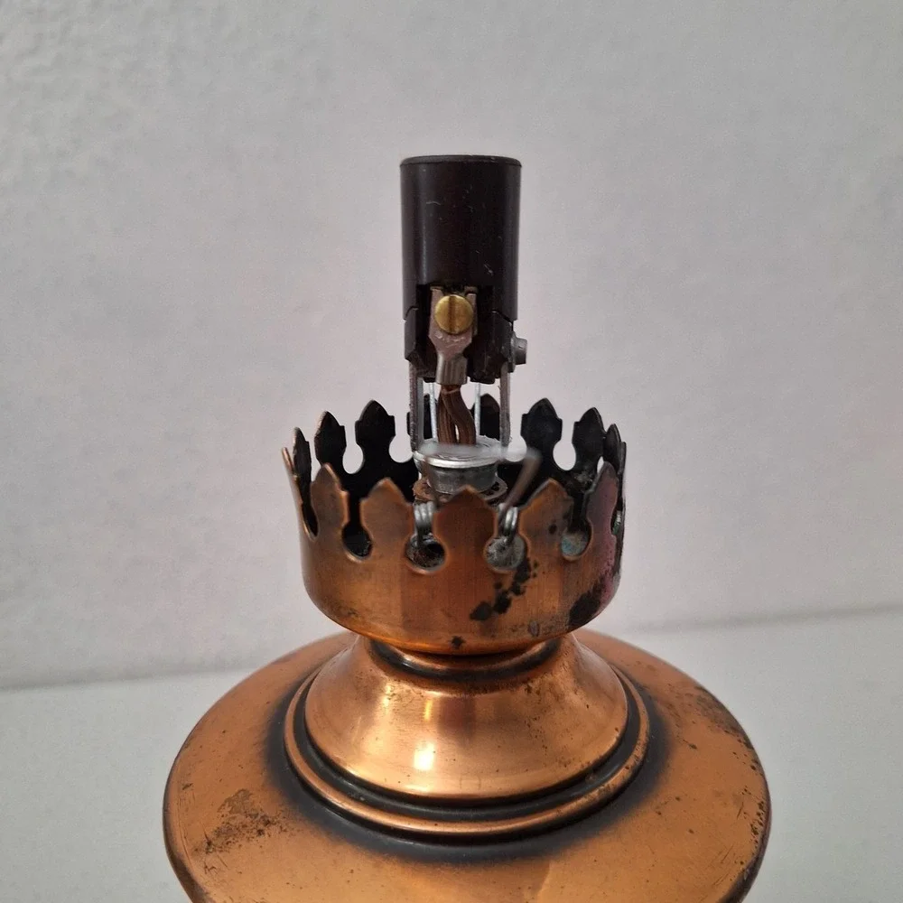 Victorian Style Vintage Table Hurricane Lamp COPPER BASE & AMBER HOBNAIL SHADE